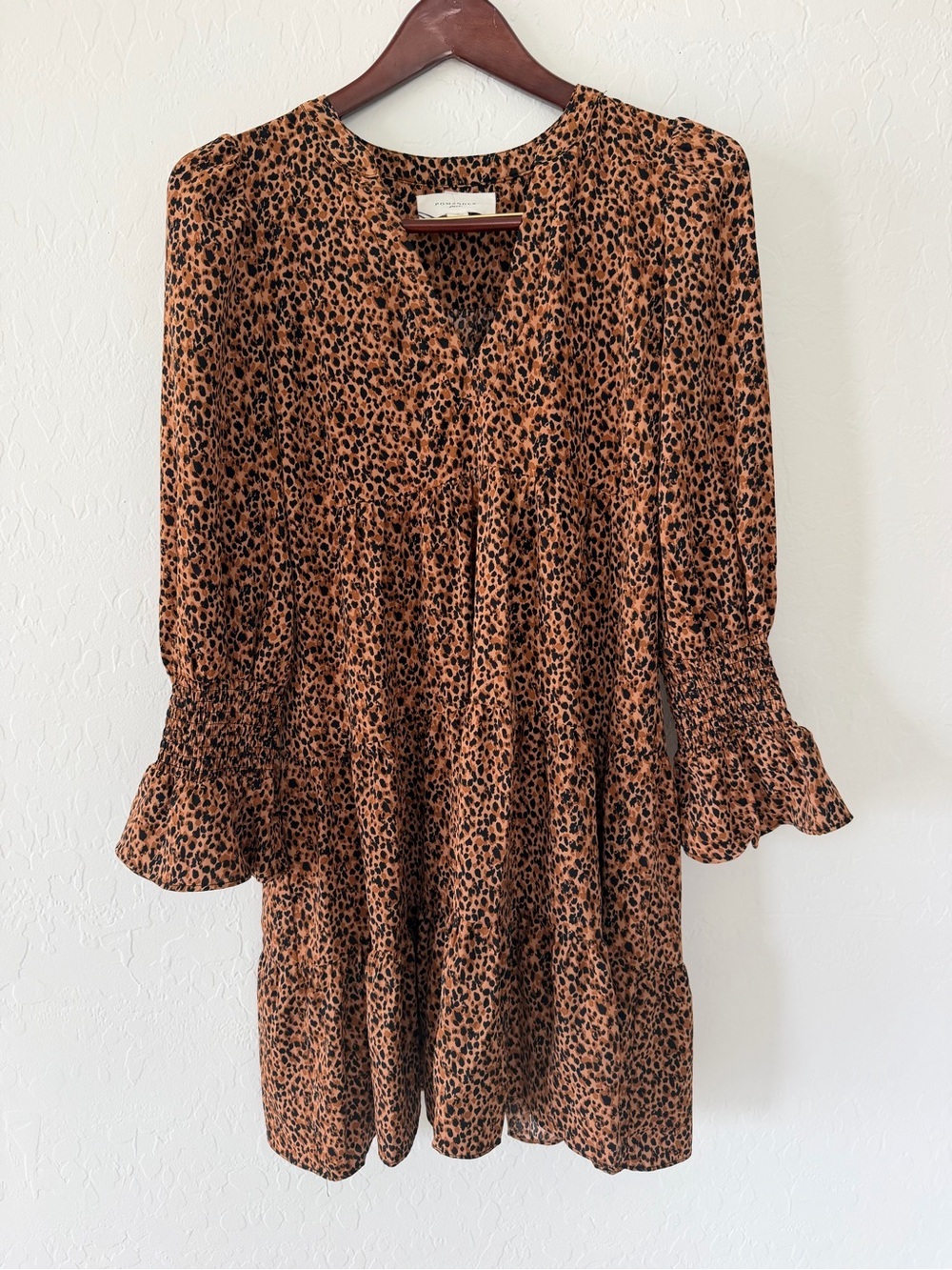 Pomander Place Leopard Animal Print Tiered V-Neck Mini Dress Small
